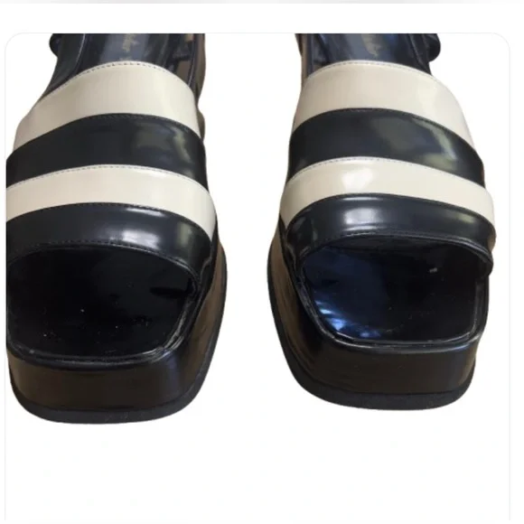 Atelier Voisin Paris Platform Sandals Black Shoes Leather Stripes Ankle Buckle 9 - Picture 6 of 15